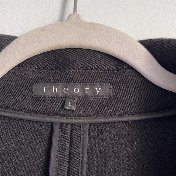 Theory waterfall open front faux leather tie cardigan blazer sz L - Picture 6 of 7